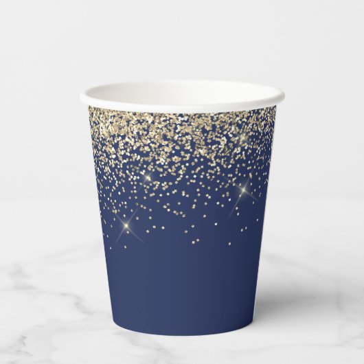 Gouden Navy Blauwe Glitter Glans Monogram Papieren Bekers (Achterkant)