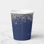 Gouden Navy Blauwe Glitter Glans Monogram Papieren Bekers (Rechts)