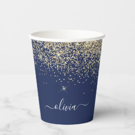 Gouden Navy Blauwe Glitter Glans Monogram Papieren Bekers
