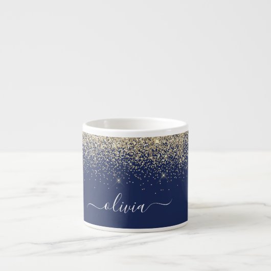 Gouden Navy Blauwe Glitter Meisjesachtige Monogram Espresso Kop (Voorkant)
