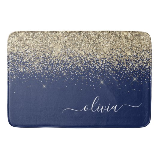 Gouden Navy Blauwe Glitter Script Monogram Meisjes Badmat (Voorkant)