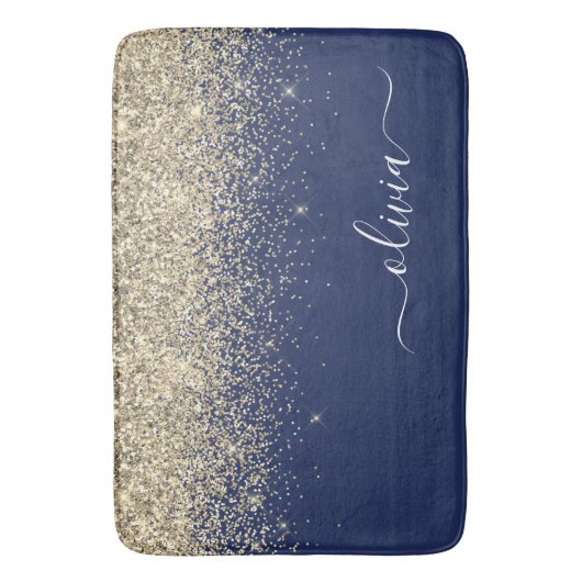 Gouden Navy Blauwe Glitter Script Monogram Meisjes Badmat (Voorkant Verticaal)