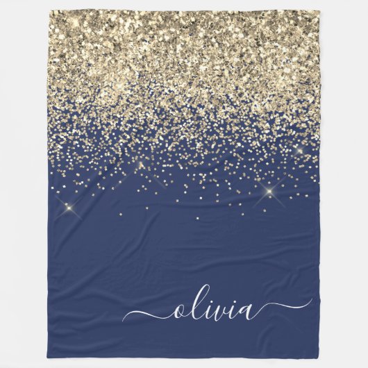 Gouden Navy Blauwe Glitter Script Monogram Meisjes Fleece Deken (Voorkant)