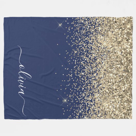 Gouden Navy Blauwe Glitter Script Monogram Meisjes Fleece Deken (Voorkant (Horizontaal))