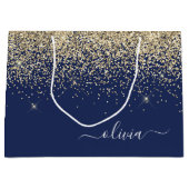 Gouden Navy Blauwe Glitter Script Monogram Meisjes Groot Cadeauzakje (Voorkant)