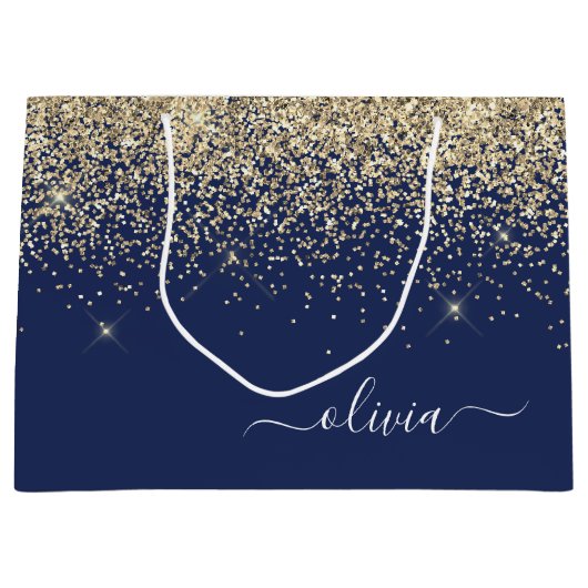 Gouden Navy Blauwe Glitter Script Monogram Meisjes Groot Cadeauzakje (Voorkant)
