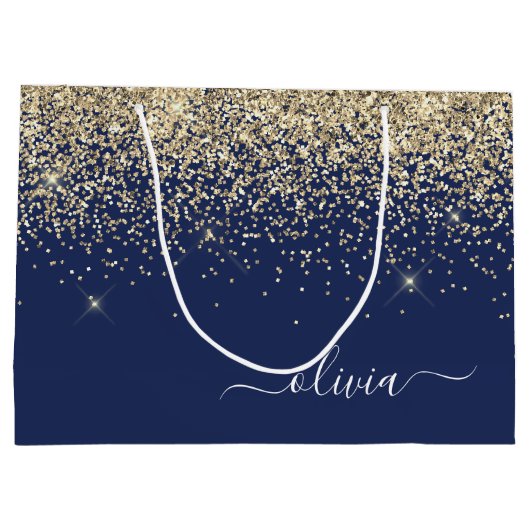 Gouden Navy Blauwe Glitter Script Monogram Meisjes Groot Cadeauzakje (Achterkant)