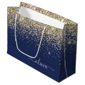 Gouden Navy Blauwe Glitter Script Monogram Meisjes Groot Cadeauzakje (Voorkant Gekanteld)