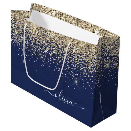 Gouden Navy Blauwe Glitter Script Monogram Meisjes Groot Cadeauzakje (Voorkant Gekanteld)