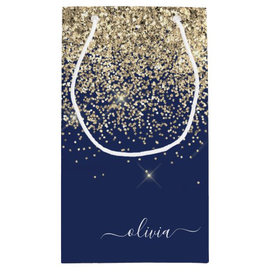 Gouden Navy Blauwe Glitter Script Monogram Meisjes Klein Cadeauzakje (Achterkant)
