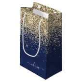 Gouden Navy Blauwe Glitter Script Monogram Meisjes Klein Cadeauzakje (Voorkant Gekanteld)