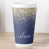 Gouden Navy Blauwe Glitter Script Monogram Meisjes Latte Mok