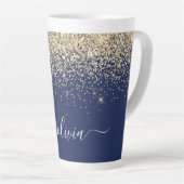 Gouden Navy Blauwe Glitter Script Monogram Meisjes Latte Mok (Rechterhoek)