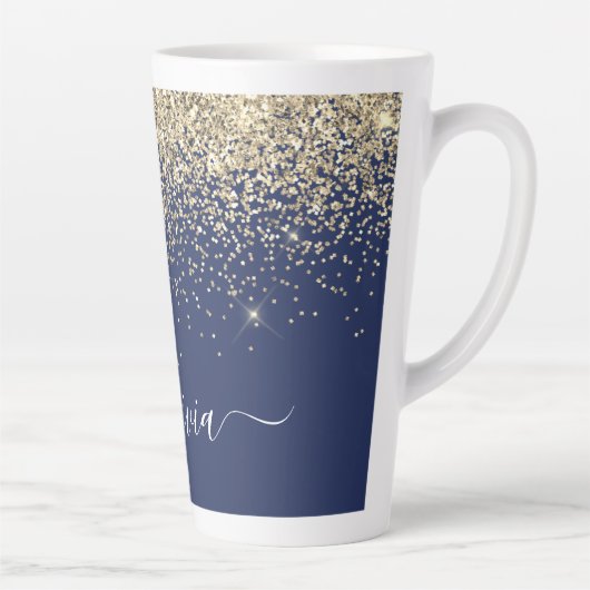 Gouden Navy Blauwe Glitter Script Monogram Meisjes Latte Mok (Rechts)