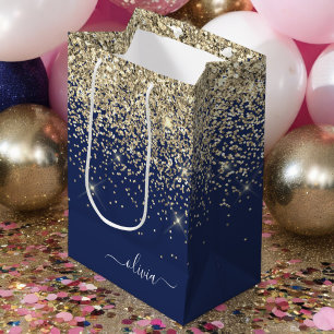 Gouden Navy Blauwe Glitter Script Monogram Meisjes Medium Cadeauzakje