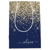 Gouden Navy Blauwe Glitter Script Monogram Meisjes Medium Cadeauzakje (Voorkant)