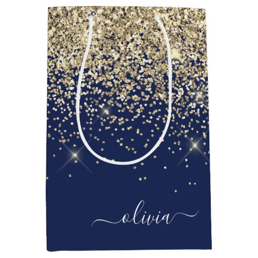 Gouden Navy Blauwe Glitter Script Monogram Meisjes Medium Cadeauzakje (Voorkant)