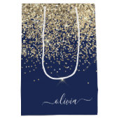 Gouden Navy Blauwe Glitter Script Monogram Meisjes Medium Cadeauzakje (Achterkant)