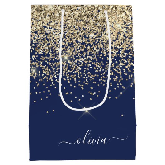 Gouden Navy Blauwe Glitter Script Monogram Meisjes Medium Cadeauzakje (Achterkant)