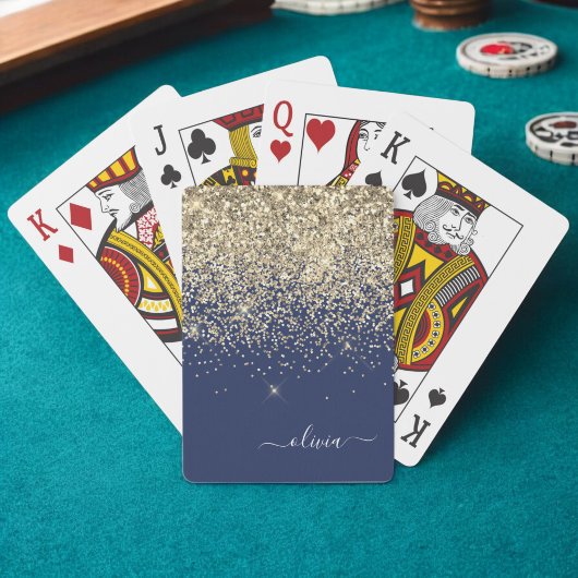 Gouden Navy Blauwe Glitter Script Monogram Meisjes Pokerkaarten