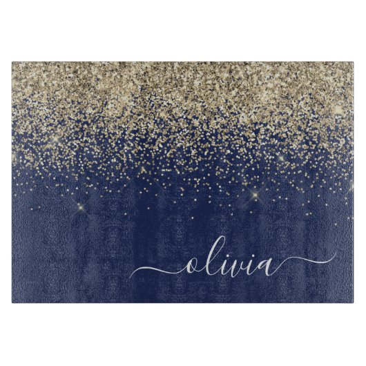 Gouden Navy Blauwe Glitter Script Monogram Meisjes Snijplank (Voorkant)
