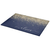 Gouden Navy Blauwe Glitter Script Monogram Meisjes Snijplank (Hoek)