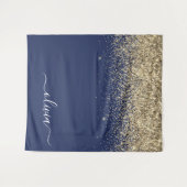 Gouden Navy Blauwe Glitter Script Monogram Meisjes Wandkleed (Voorkant (horizontaal))