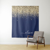 Gouden Navy Blauwe Glitter Script Monogram Meisjes Wandkleed (In situ)