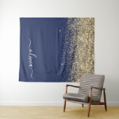 Gouden Navy Blauwe Glitter Script Monogram Meisjes Wandkleed (In Situ (horizontaal))