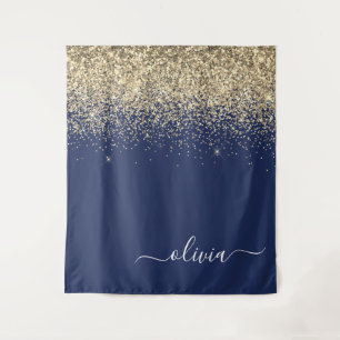Gouden Navy Blauwe Glitter Script Monogram Meisjes Wandkleed