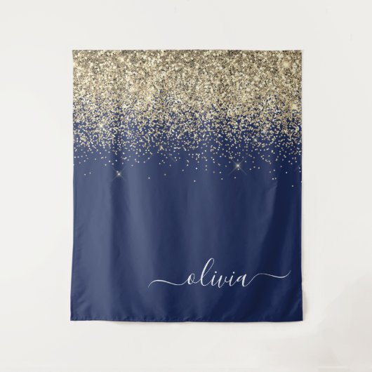 Gouden Navy Blauwe Glitter Script Monogram Meisjes Wandkleed (Voorkant)