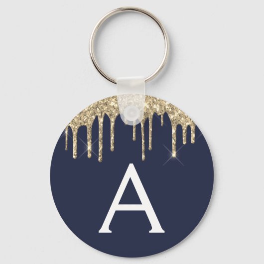 Gouden Navy Blauwe Meisjesachtige Glitter Monogram Sleutelhanger (Voorkant)