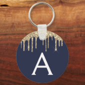 Gouden Navy Blauwe Meisjesachtige Glitter Monogram Sleutelhanger (Voorkant)