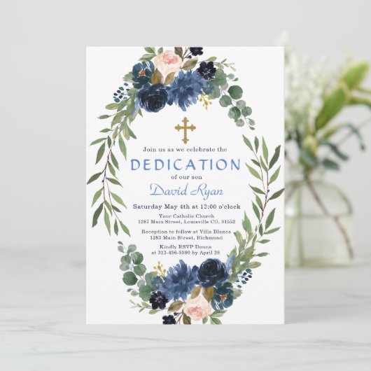 Gouden Navy Blauwe Roze Bloemenkrans Widmung Kaart (Staand voorkant)