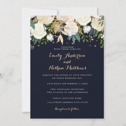 Gouden Navy Bloem Glitter Bruiloftsinvatie Kaart (Voorkant)