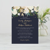Gouden Navy Bloem Glitter Bruiloftsinvatie Kaart (Staand voorkant)