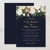 Gouden Navy Bloem Glitter Bruiloftsinvatie Kaart (Voorkant / Achterkant)