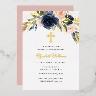 Gouden Navy Blush Bloemen Meisje Doop Folie Uitnodiging