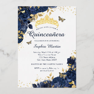 Gouden Navy Butterfly Flower Elegant Quinceanera Folie Uitnodiging