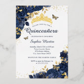 Gouden Navy Butterfly Flower Elegant Quinceanera Folie Uitnodiging (Voorkant)