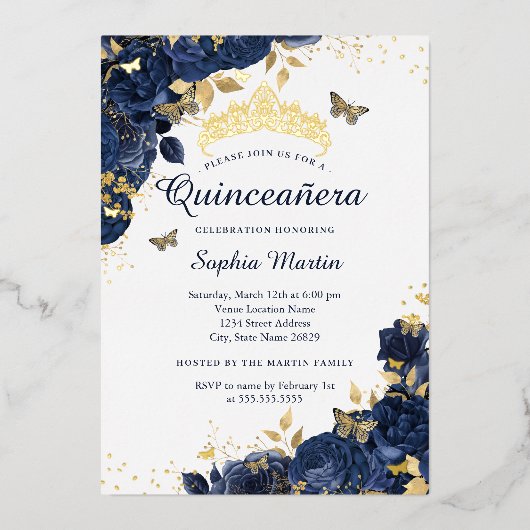 Gouden Navy Butterfly Flower Elegant Quinceanera Folie Uitnodiging (Voorkant)