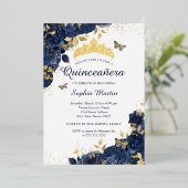 Gouden Navy Butterfly Flower Elegant Quinceanera Folie Uitnodiging (Staand Voorkant)