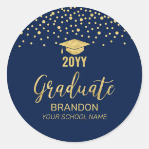 Gouden Navy Confetti Afstudeerfeest Favor Ronde Sticker
