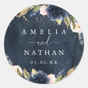 Gouden Navy Glitter Bloemige Waterverf Trouw Ronde Sticker