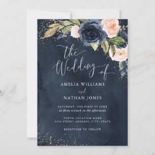 Gouden Navy Glitter Bloemschildering Bruiloft Kaart