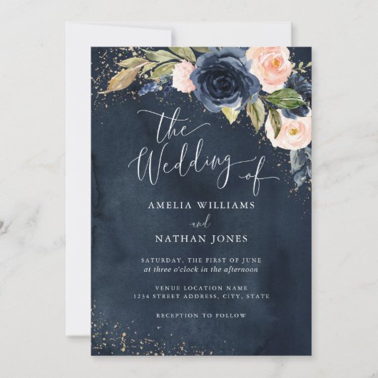 Gouden Navy Glitter Bloemschildering Bruiloft Kaart (Voorkant)