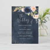 Gouden Navy Glitter Bloemschildering Bruiloft Kaart (Staand voorkant)