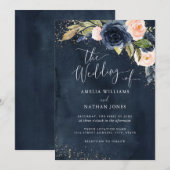 Gouden Navy Glitter Bloemschildering Bruiloft Kaart (Voorkant / Achterkant)