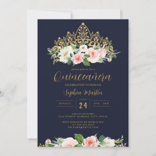 Gouden Navy Roze Bloemen Tiara Quinceanera Kaart