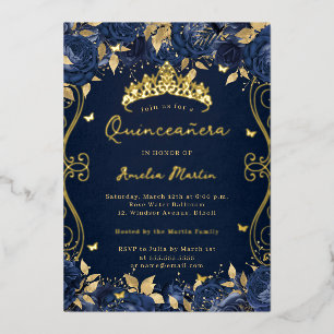 Gouden Navy Swirl Scroll Floral Quinceanera Folie Uitnodiging
